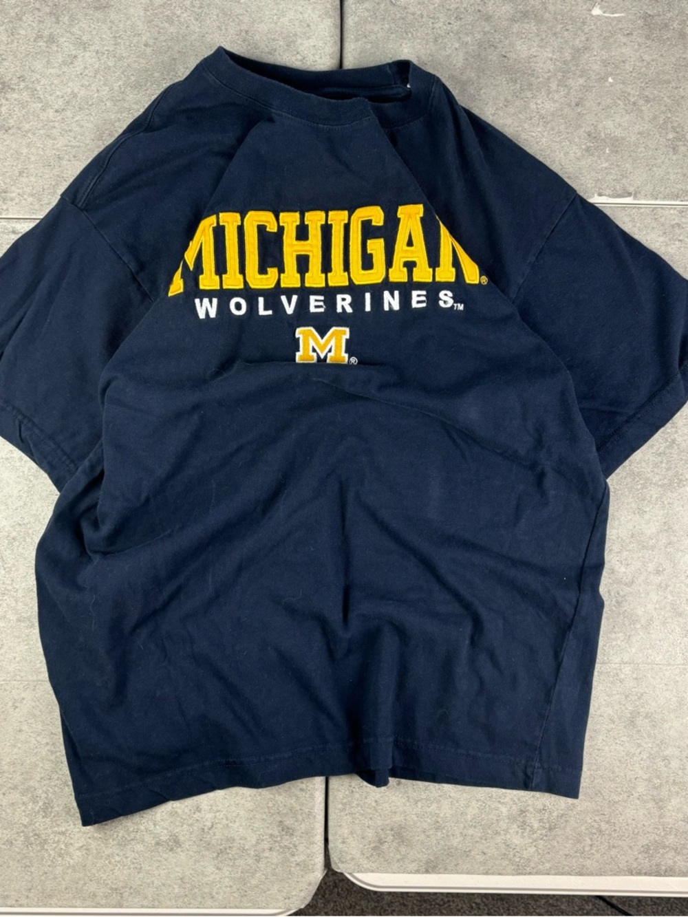 Y2k navy blue michigan wolverines embroidered spell-out tshirt